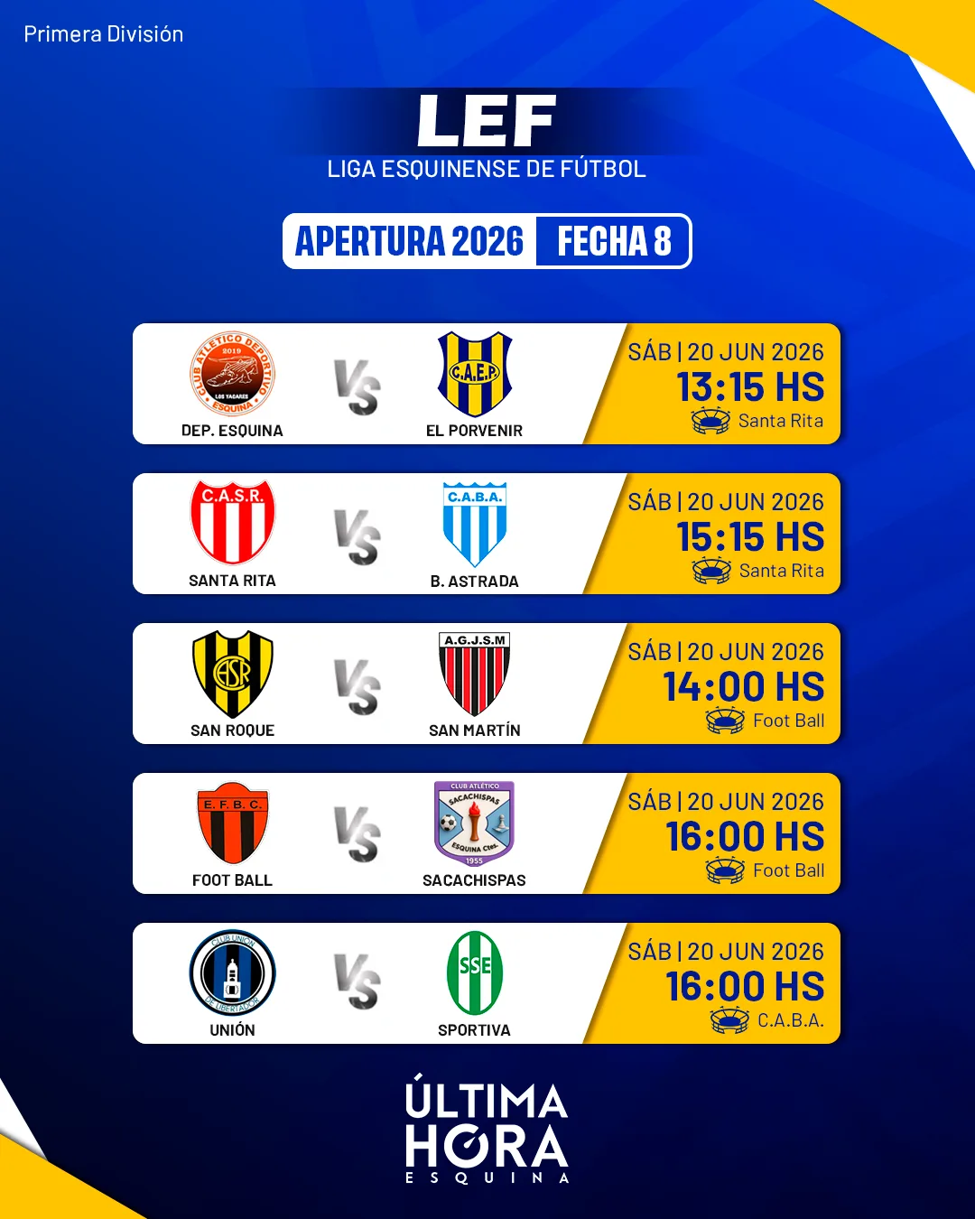 Fecha 8 del Apertura 2026: mirá el fixture completo y la tabla de posiciones de la Liga Esquinense